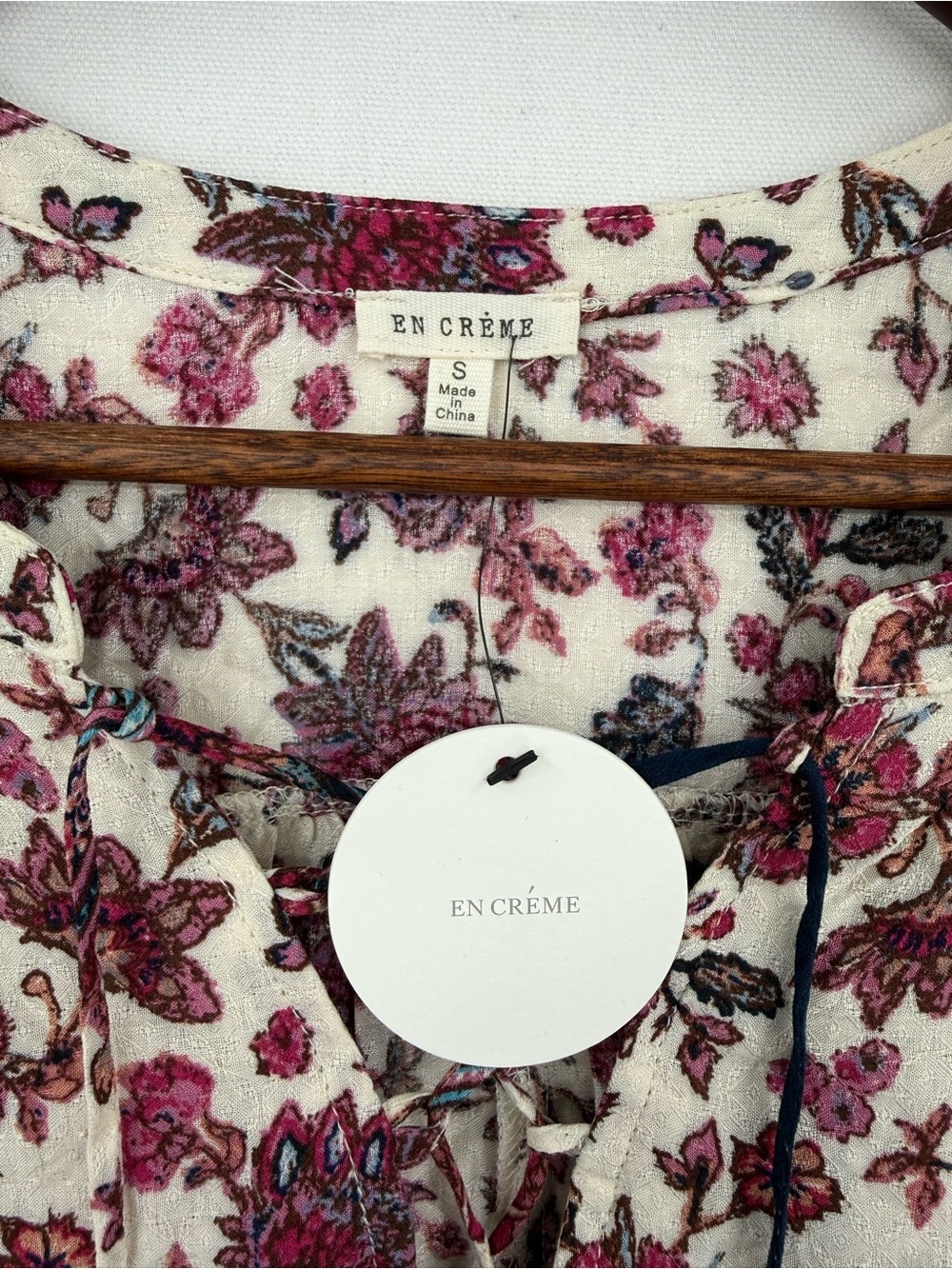 En Crème Floral Boho Dress Size S Bell Sleeve Tunic Pink Navy - Picture 5 of 11